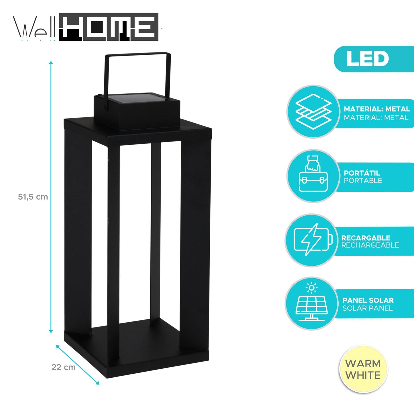 Well Home Linterna Solar De Metal En Negro Con 25 Luces Led Blanco Cálido 22x22x51,5cm_1