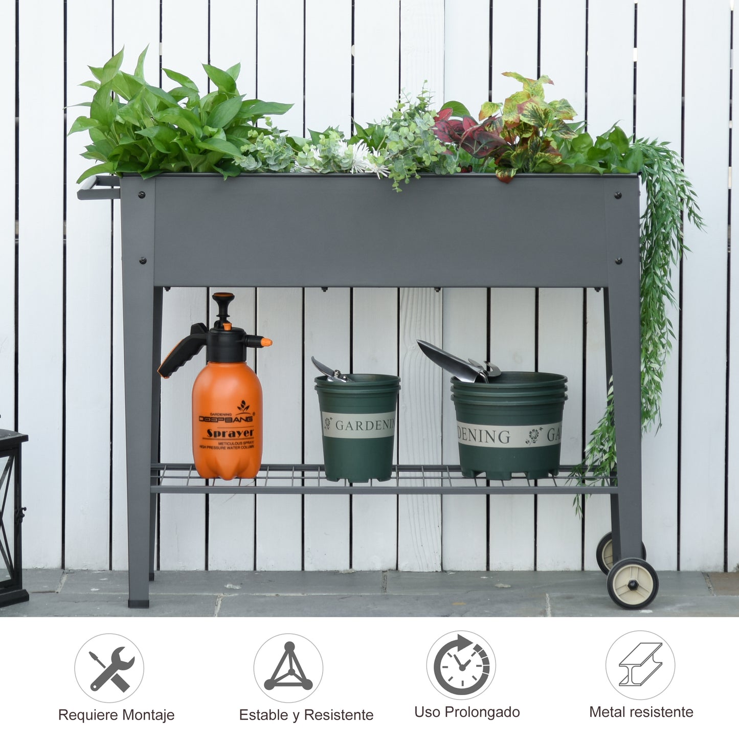 Outsunny Jardinera Elevada De Metal Con Ruedas Para Cultivo Plantas Flores Gris_5