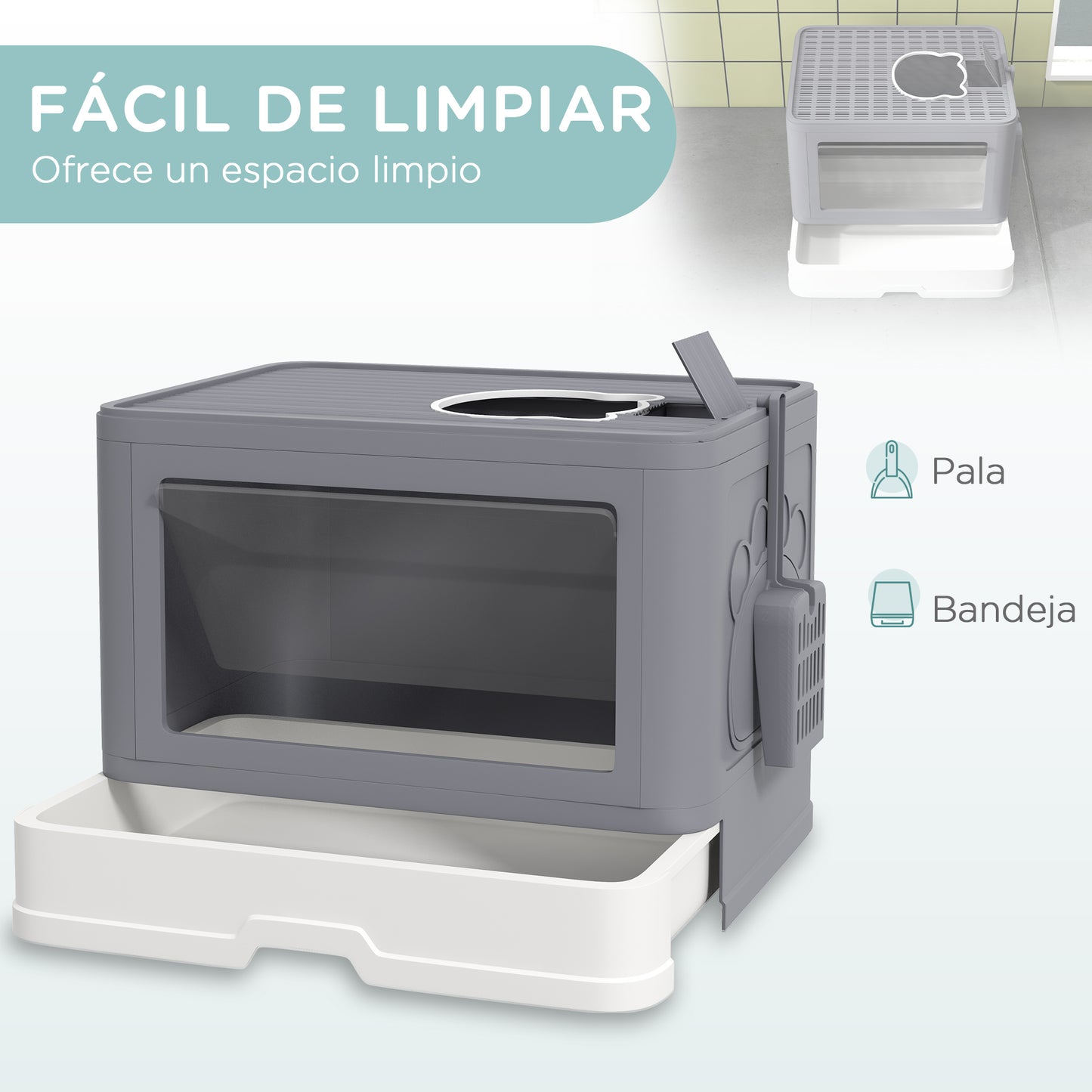 Pawhut Arenero Para Gatos Cubierto Con Caja Pala Cepillo 48,5x38x36,5cm Gris_3