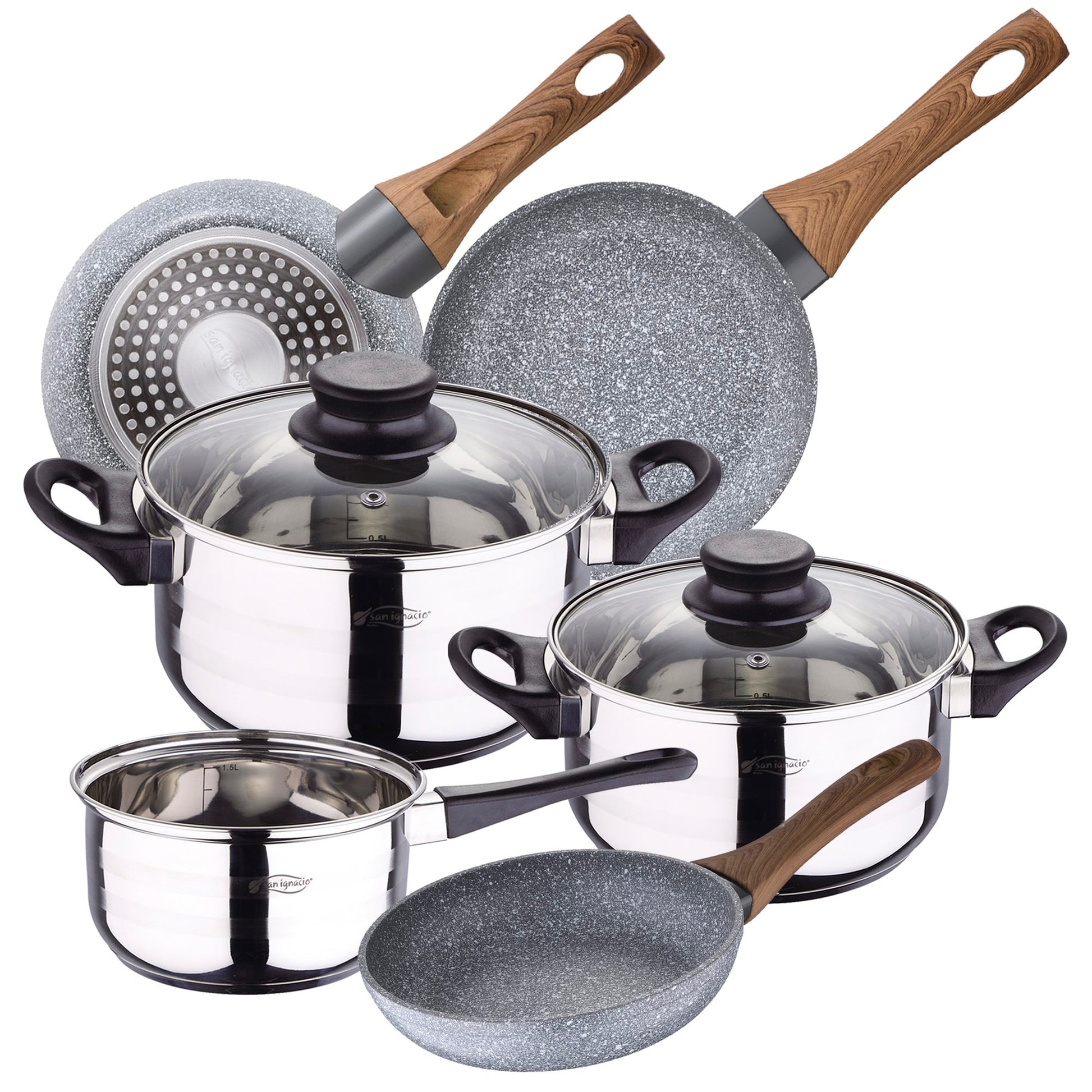 Bateria De Cocina 5 Piezas San Ignacio De Acero Inoxidable Con Juego De Sartenes Daimiel (18/20/22 Cm) En Aluminio Forjado Aptas Para Induccion