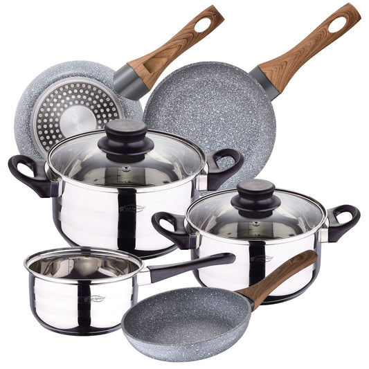 Bateria De Cocina 5 Piezas San Ignacio De Acero Inoxidable Con Juego De Sartenes Daimiel (18/20/22 Cm) En Aluminio Forjado Aptas Para Induccion