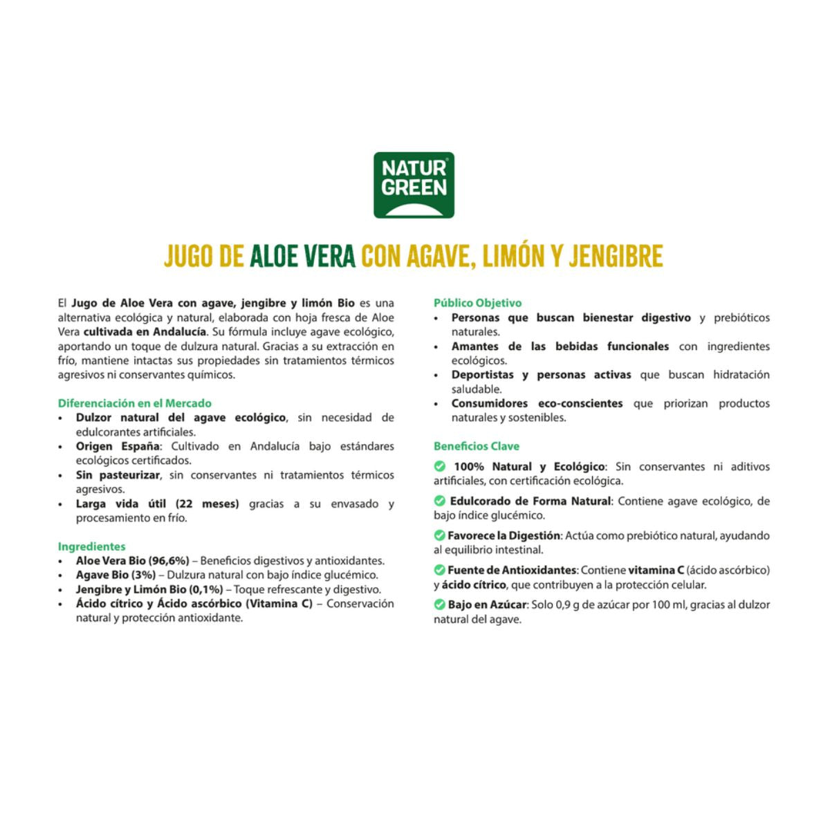 Jugo de aloe vera con ágave, limón y gengibre NaturGreen 1 L