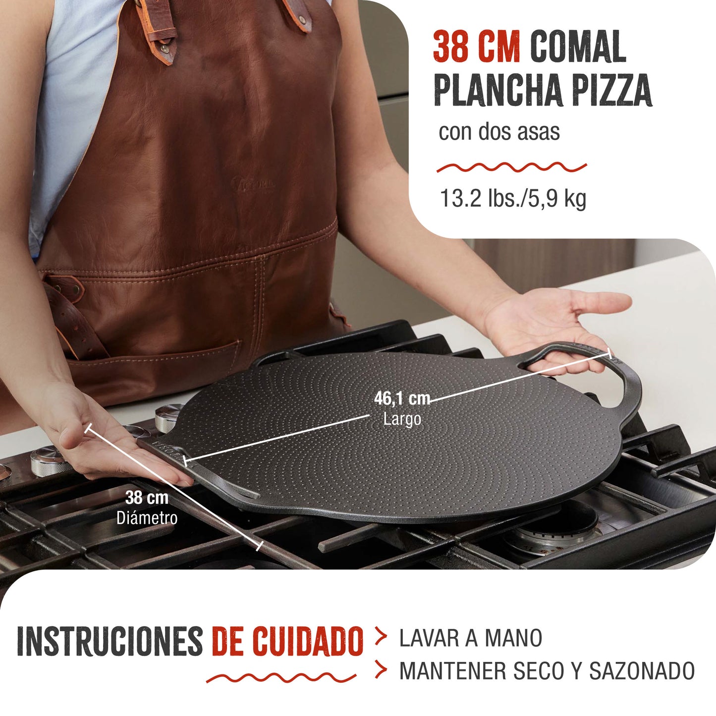 Victoria Plancha Cocina Para Pizza Hierro Fundido Curado Inducción, Sartén 38cm, Fuego, Barbacoa, Horno, 34474, Negro_4