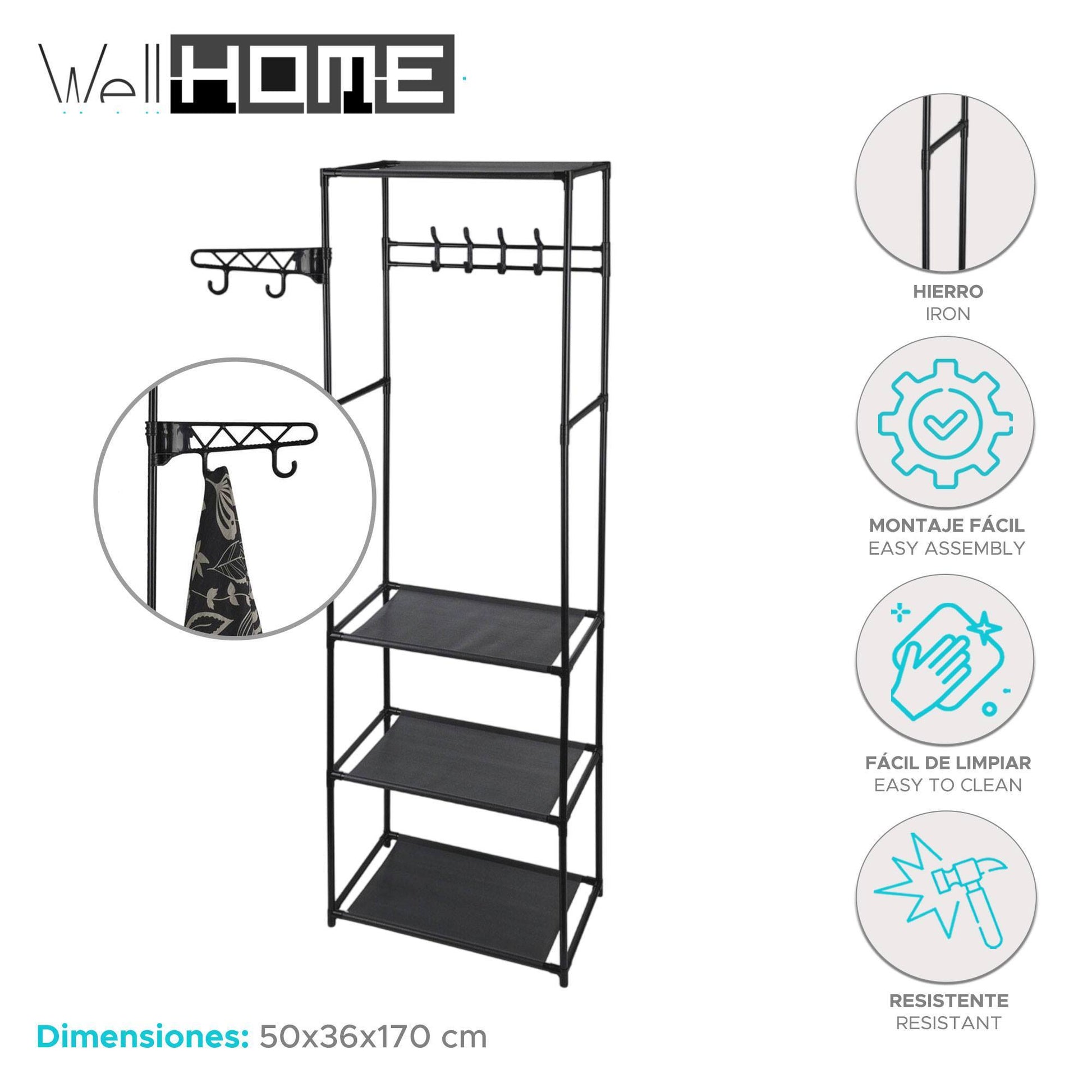 Well Home Armario Perchero Con Estantes Color Negro H.170cm_1