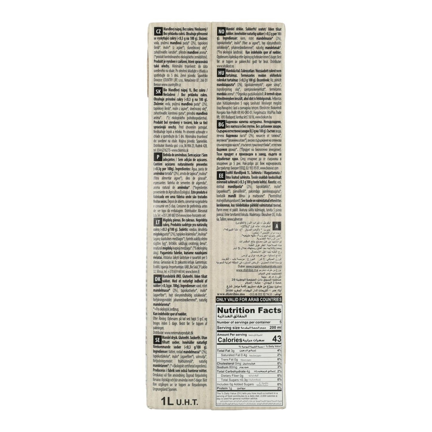 Bebida vegetal Almendra classic Nature bio sin azúcar Ecomil 1L