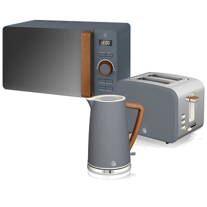 Set Desayuno Nordic, Hervidor Agua 1,7l, Tostadora  2 Rebanadas, Microondas 20l Digital, Diseño Swan Strp1060 Gris