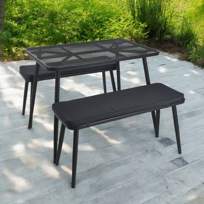 Well Home - Muebles De Jardín Mesa, 2 Sillas Malla Y Acero Con Cojines Gris Oscuro