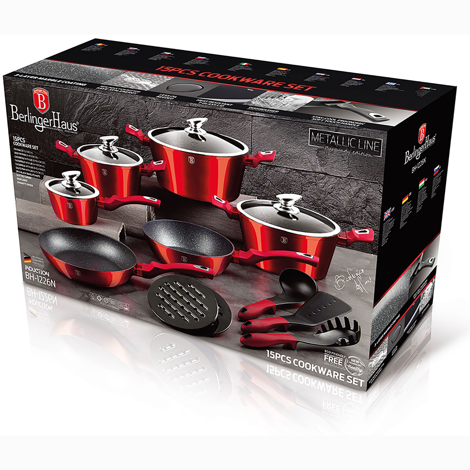 Batería Cocina Inducción 15 Piezas Antiadherente Sin Pfoa Aluminio Cazuelas Sartenes Utensilios Berlinger Haus Burgundy Rojo