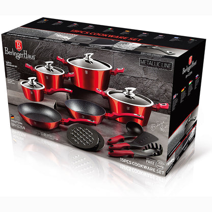 Batería Cocina Inducción 15 Piezas Antiadherente Sin Pfoa Aluminio Cazuelas Sartenes Utensilios Berlinger Haus Burgundy Rojo