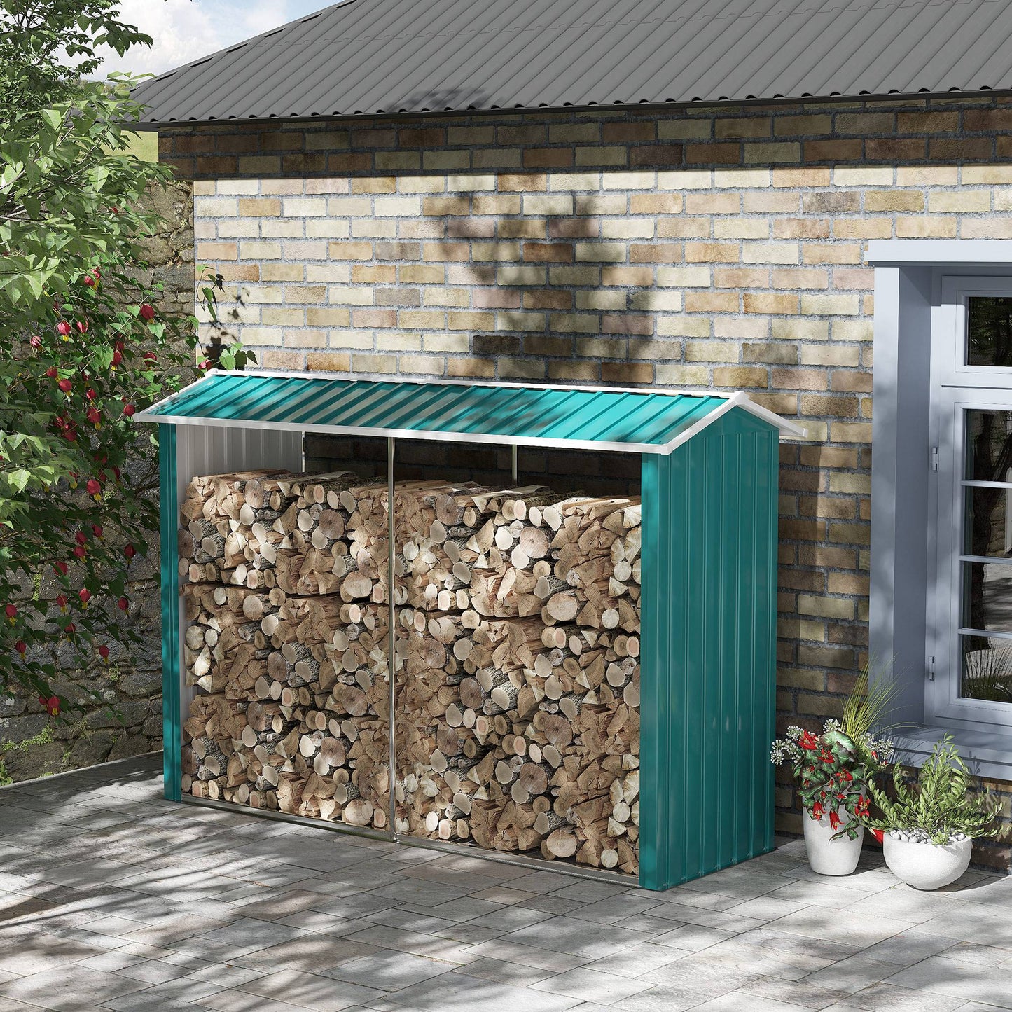 Outsunny Casetilla Para Leña De Acero Galvanizado Con Techo 240x86x160 Cm Verde_1