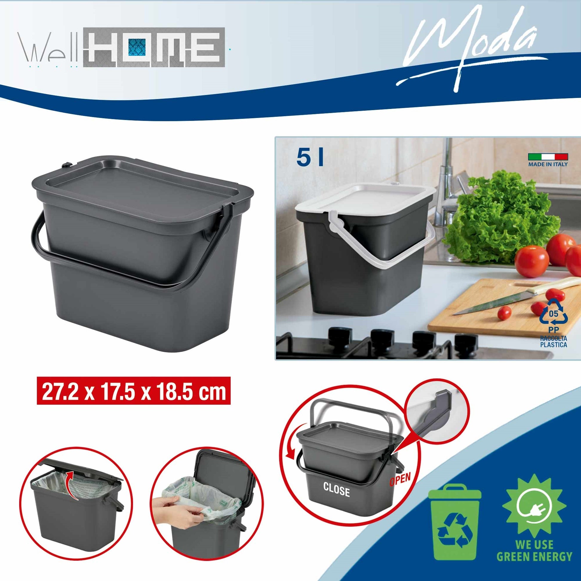 Set De 4 Papeleras moda 5l/10l/25l/40l Grafito Con Asa_1