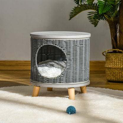 Pawhut Cueva Para Gatos Ratán Ø36x40,5cm Cojín Lavable Patas De Madera Extraíble_1
