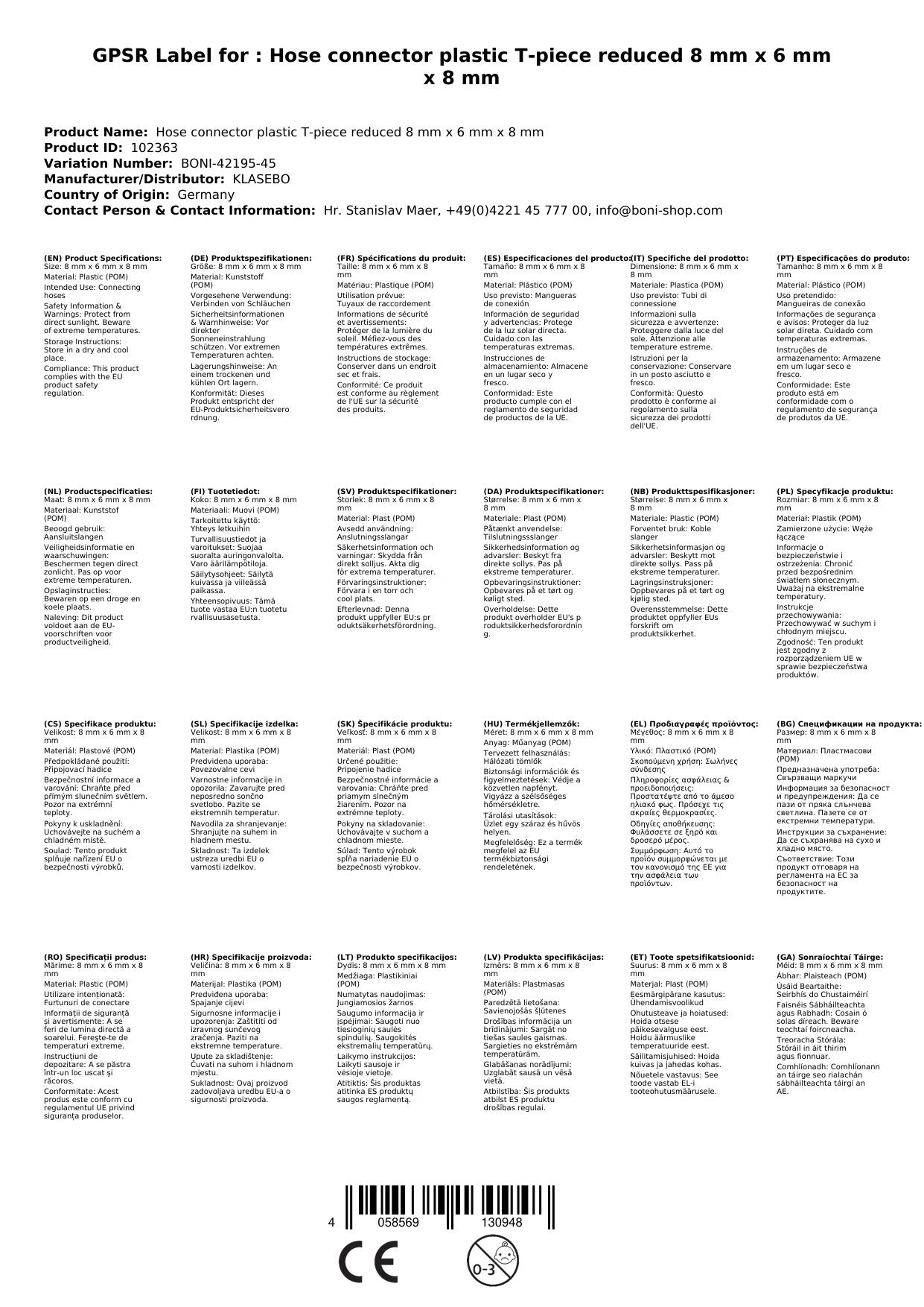 Conector T Reductor Para Manguera, Plástico, 8mm X 6mm X 8mm