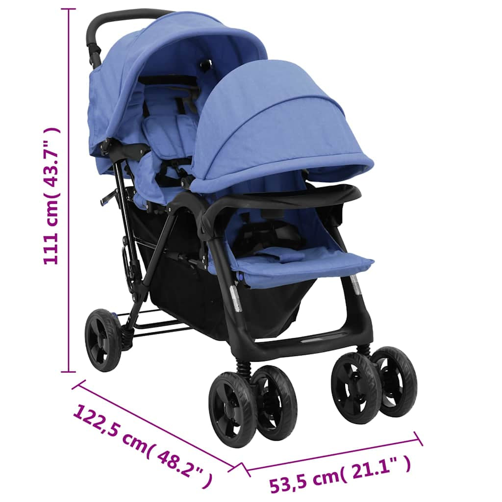 Vidaxl Carrito Para Gemelos Tandem De Acero Azul Marino_2