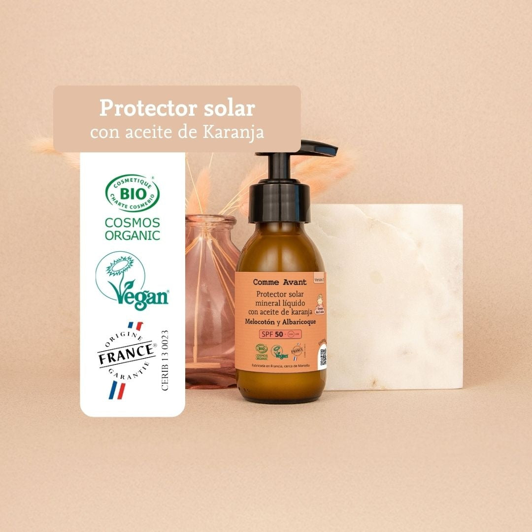 Protector solar mineral líquido PSF50 con aceite de karanja Melocotón y Albaricoque Comme Avant 105 ml