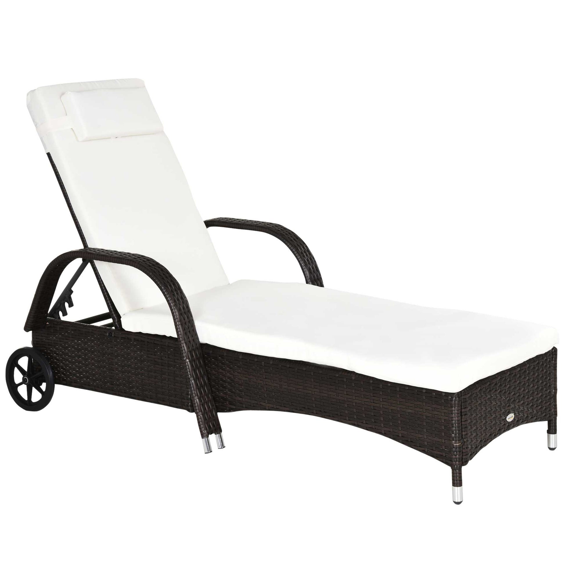 Outsunny Tumbona De Ratán Jardín Con Respaldo Ajustable Cojines 2 Ruedas Marrón_0