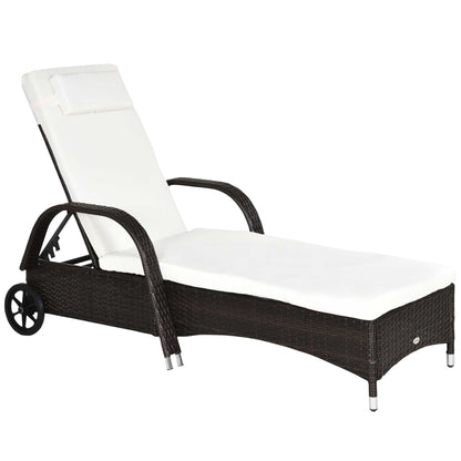 Outsunny Tumbona De Ratán Jardín Con Respaldo Ajustable Cojines 2 Ruedas Marrón_0
