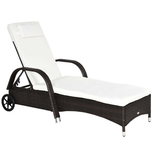 Outsunny Tumbona De Ratán Jardín Con Respaldo Ajustable Cojines 2 Ruedas Marrón_0