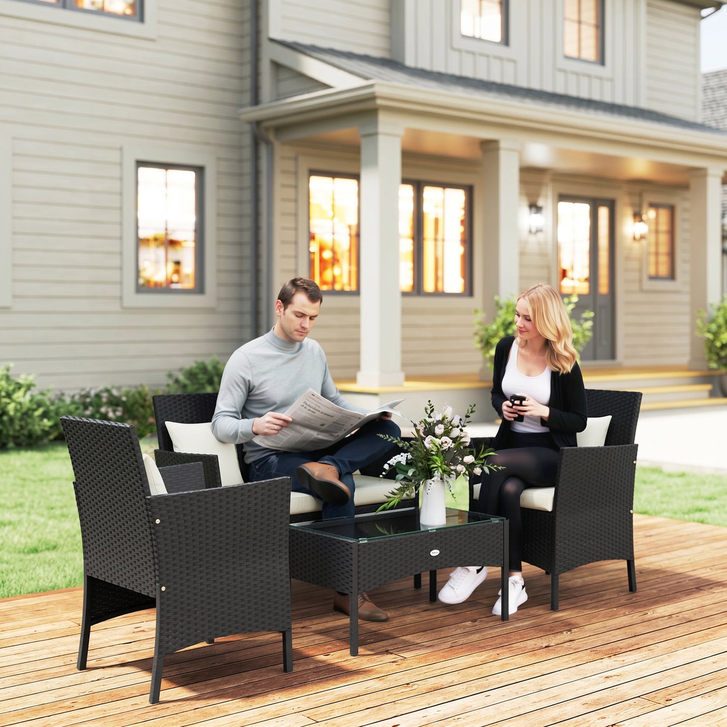 Outsunny Conjunto De Jardín De Ratán Sintético De 4 Piezas Negro Y Crema_1