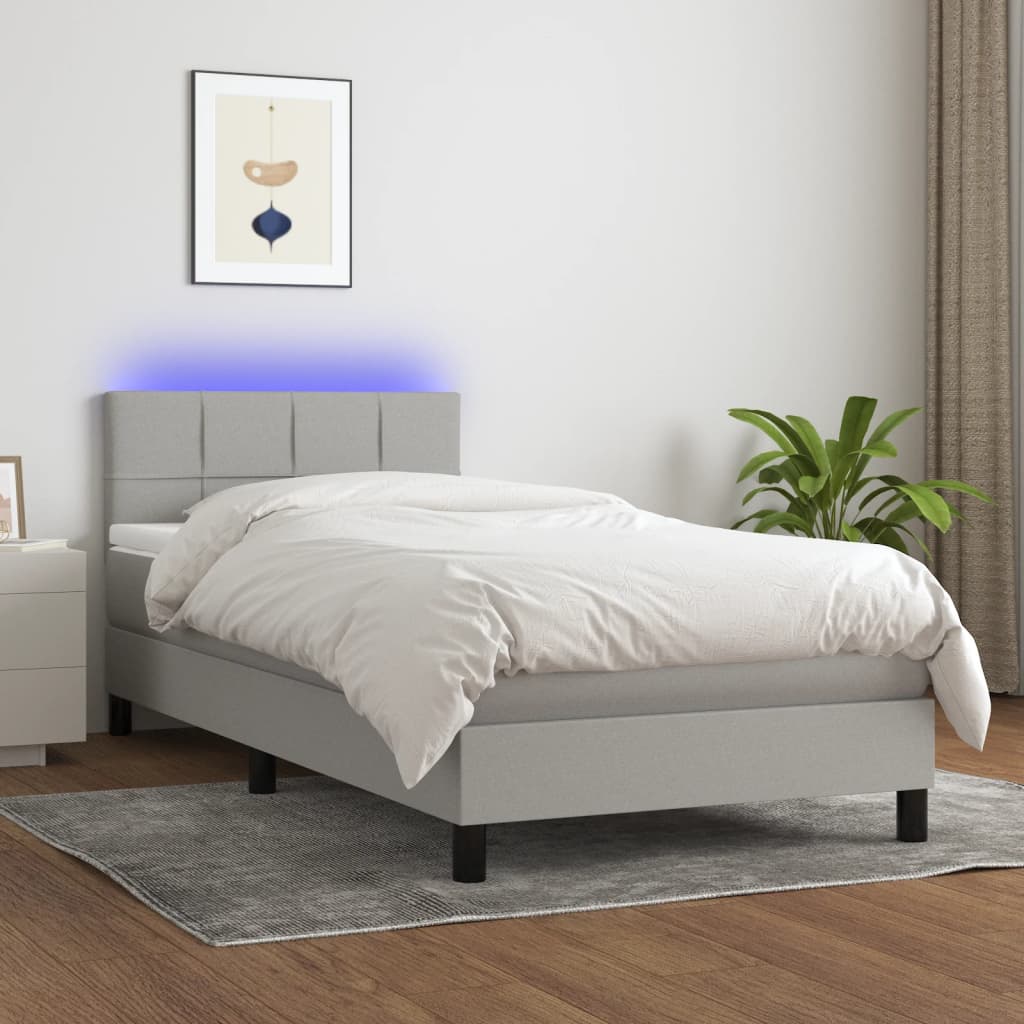 Cama Box Spring Colchón Y Luces Led Tela Gris Claro 100x200 Cm / Vetonek_5