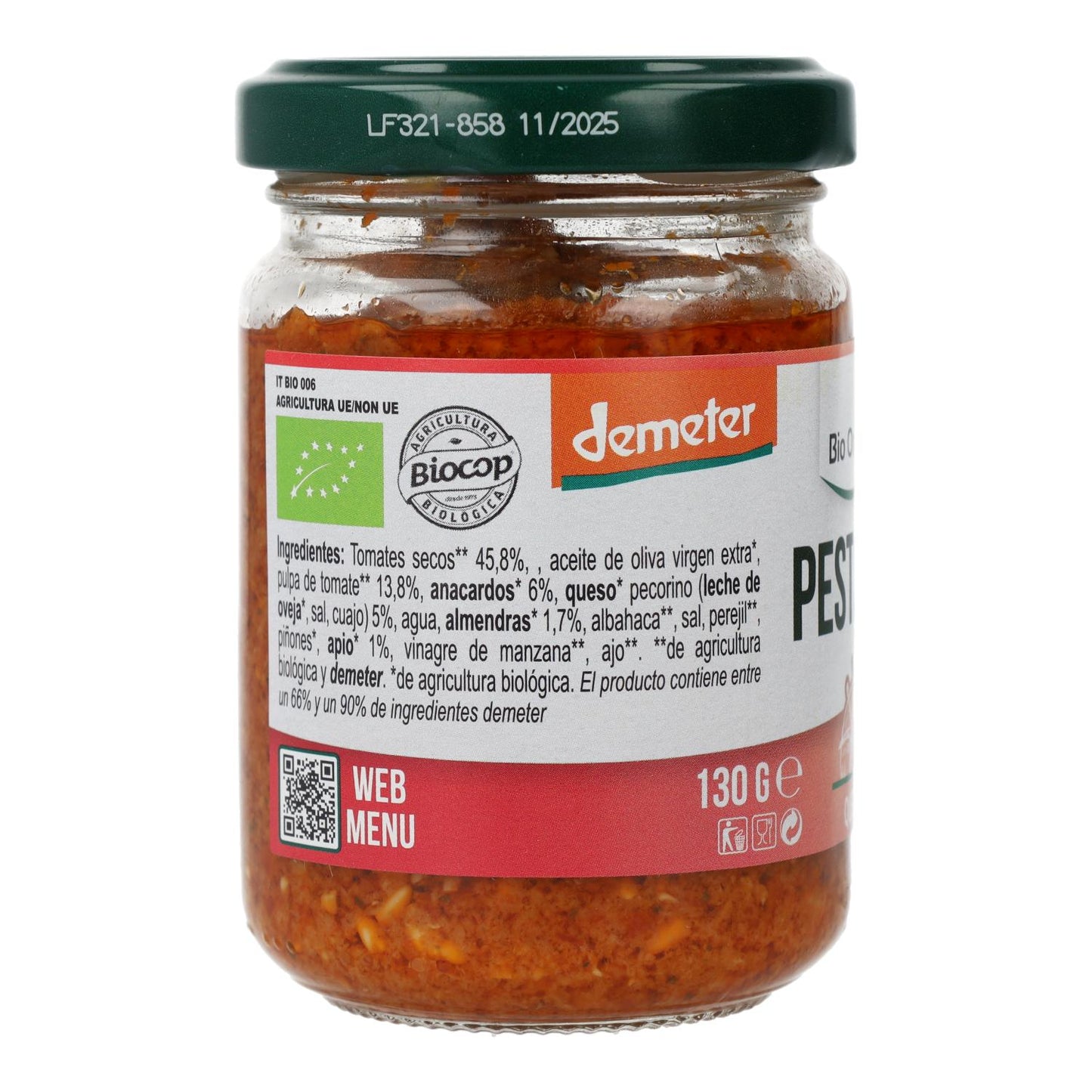 Pesto Rosso de Tomates Secos con Pecorino y Almendras Bio Demeter Organica Italia 130 gr