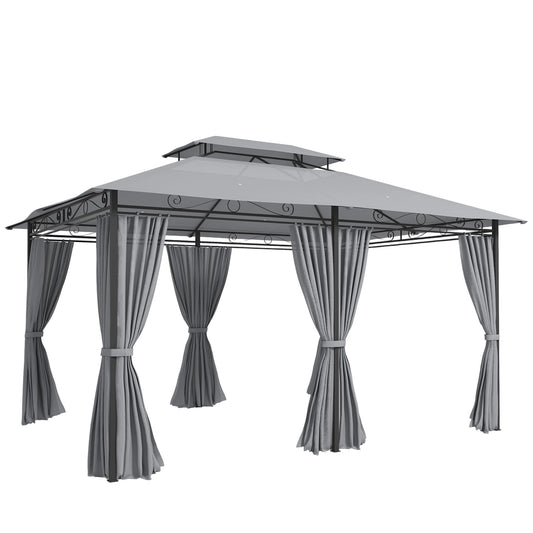 Outsunny Cenador Para Jardín 3x4 M Con Doble Techo Paredes Laterales Gris Oscuro_0