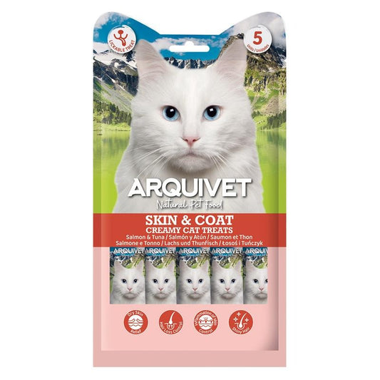 Creamy Cat Treats Snack cremoso funcional Skin & Coat Salmón y Atún Arquivet 5x14 g