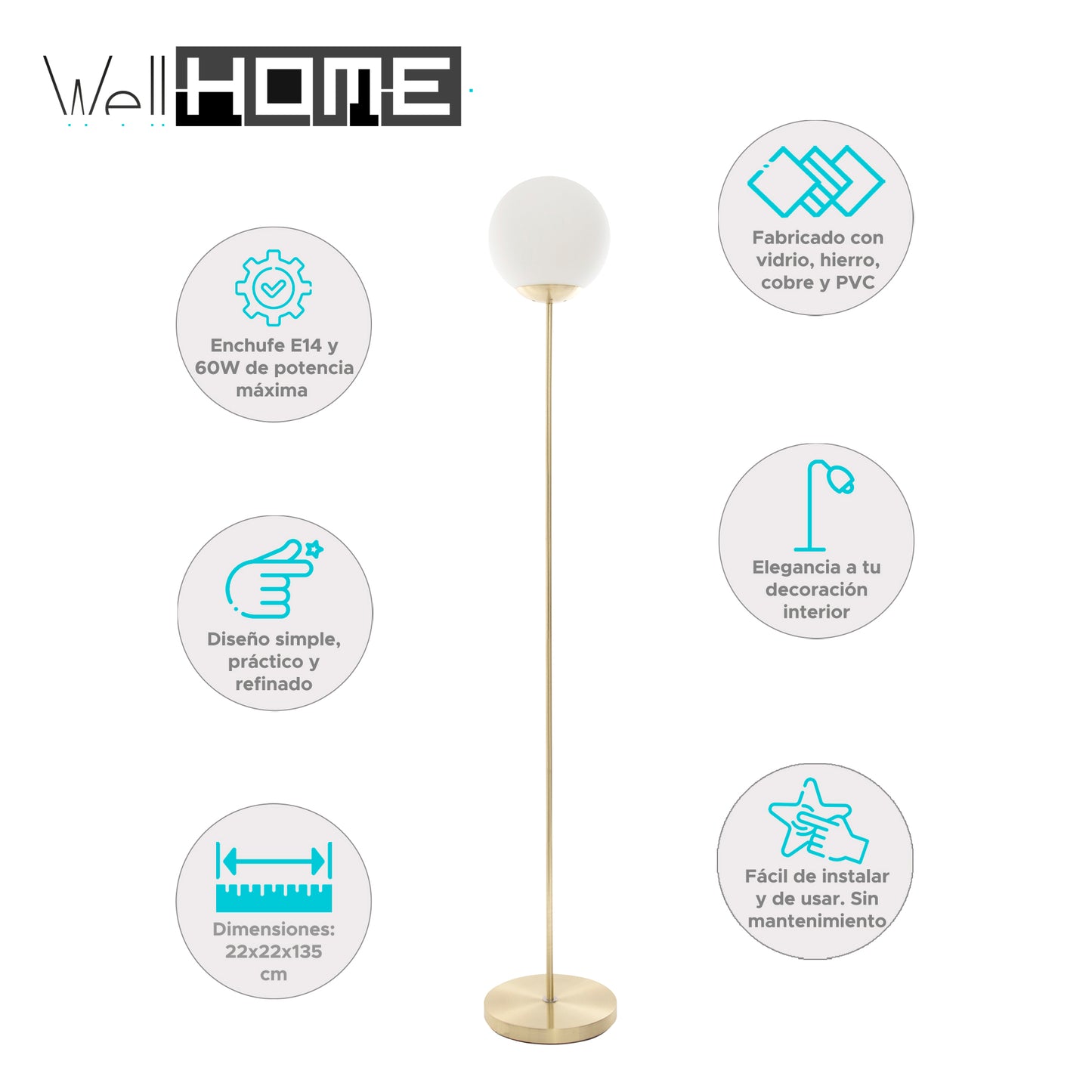 Wellhome Lámpara De Pie Ball Dris H.134cm