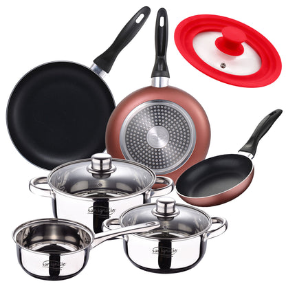 Bateria 5pcs Acero Inoxidable: Cazo 16x7,5 Cacerolas De 18x8,5 Y 20x9,5 Cms., Inducción + Set 3 Sartenes 16/20/24 Cm, Aluminio Prensado