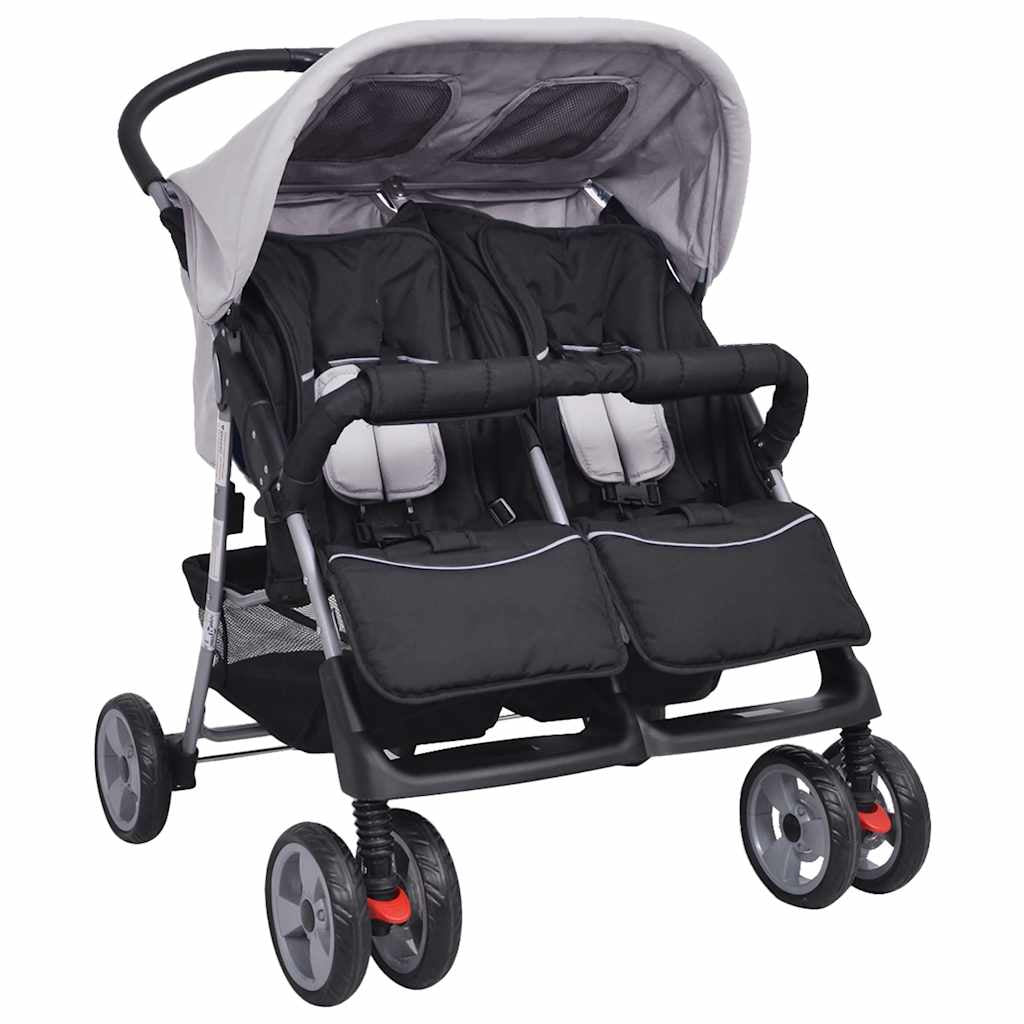 Vidaxl Cochecito Gemelar De Acero Gris Y Negro_0