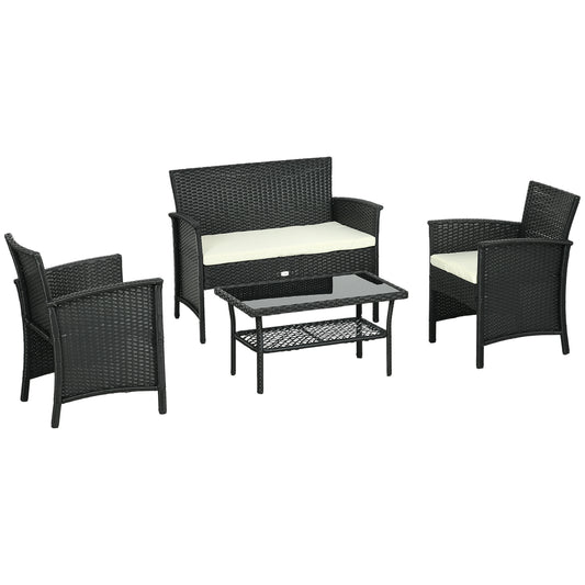 Outsunny Conjunto De Jardín De Ratán Sintético De 4 Piezas Negro Y Crema_0