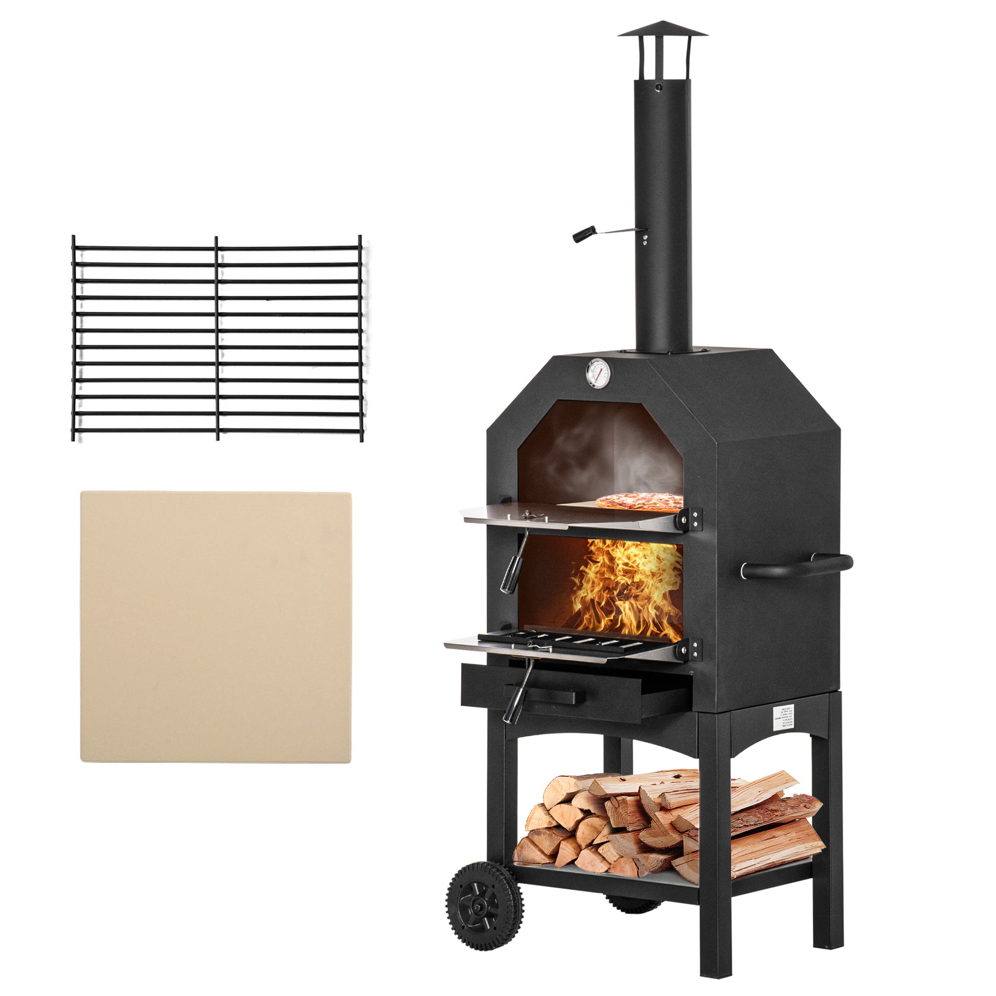 Outsunny Horno De Pizza Exterior Con 2 Capas Ruedas Cajón 64x54x160 Cm Negro_0