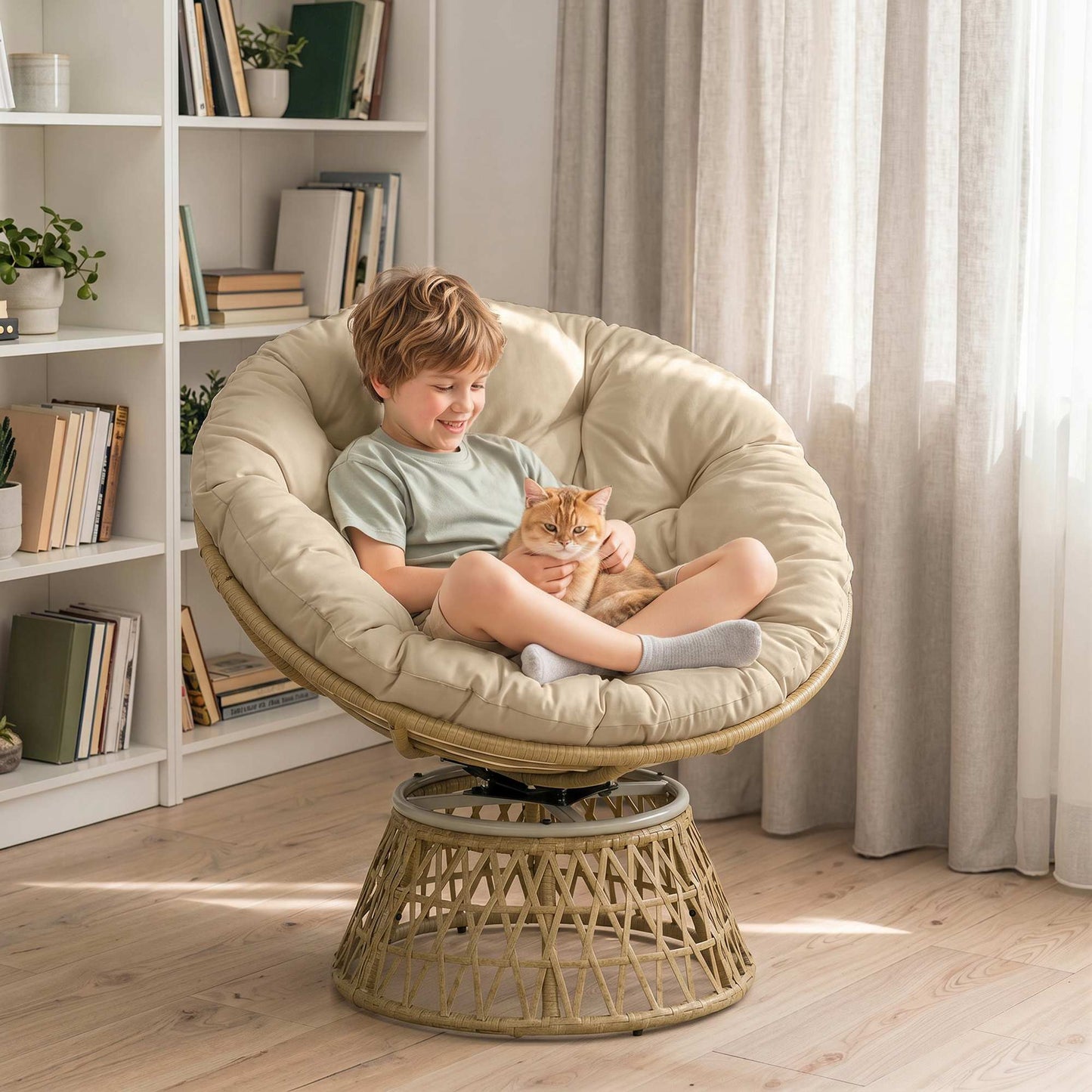 Outsunny Silla Giratoria De Ratán Sintético Con Cojín 85x70x82 Cm Amarillo_4
