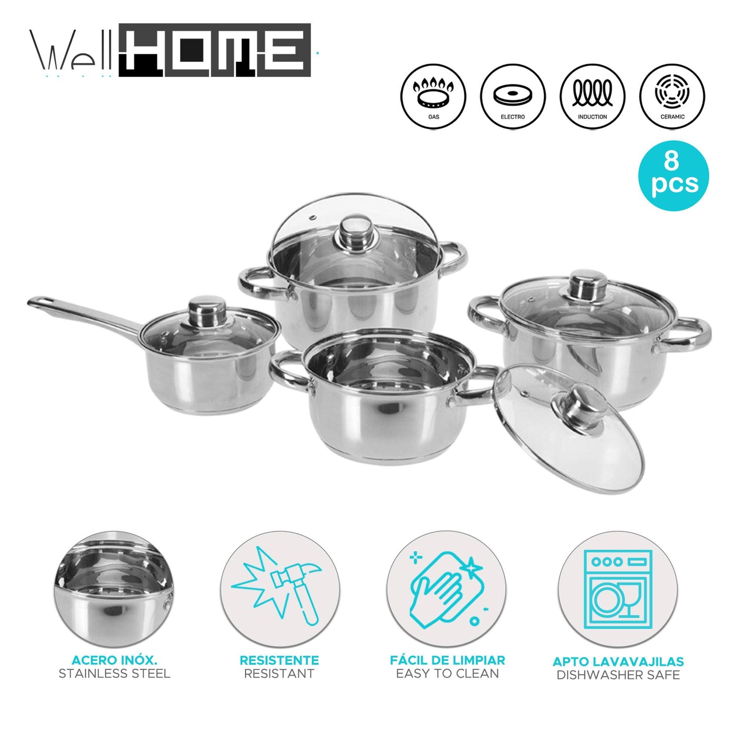 Well Home Batería De Cocina De 8pcs En Acero Inoxidable Con Fondo Encapsulado_1