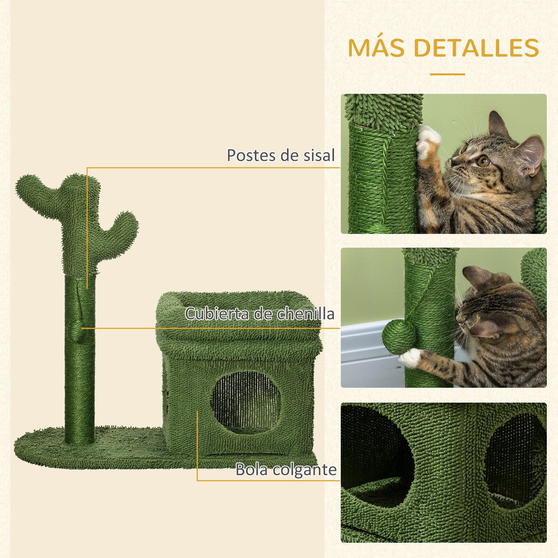 Pawhut Árbol Rascador De Cactus Para Gatos Altura Con Cama Caseta Poste Bola_4
