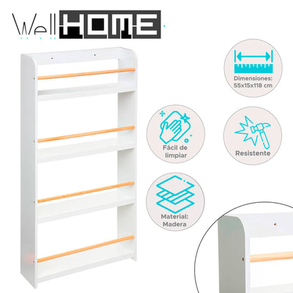 Well Home - Estantería Biblioteca Clásica De Madera - Color Blanco - 4 Pisos - 118 X 55 Cm