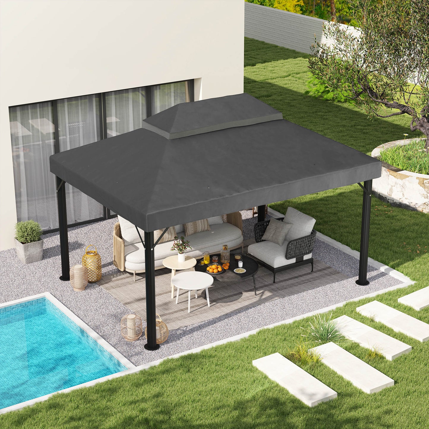 Outsunny Techo De Repuesto Para Cenador 4x3 M Con Techo Doble Anti-uv Gris_1