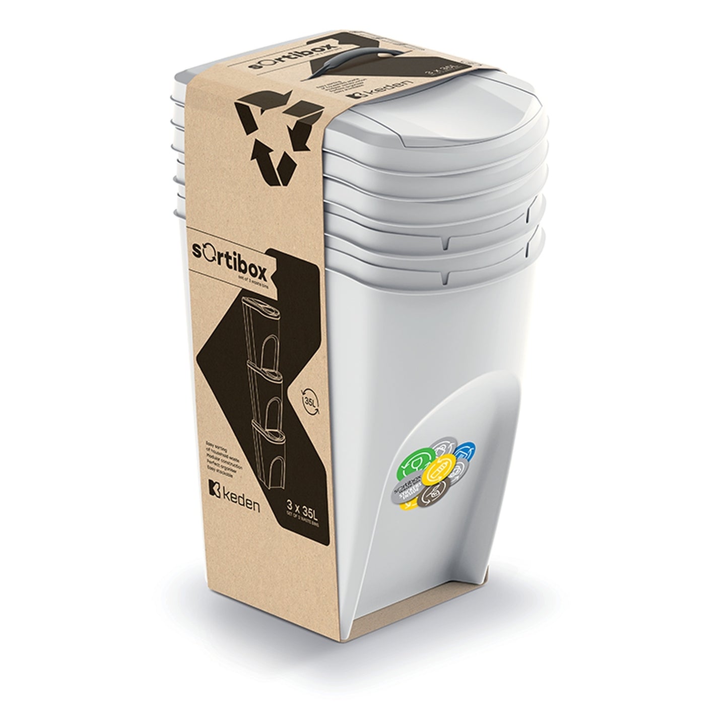 Set De 3 Cubos De Basura Keden Sortibox Papelera Reciclaje, Blanco Roto, Volumen 3x35l