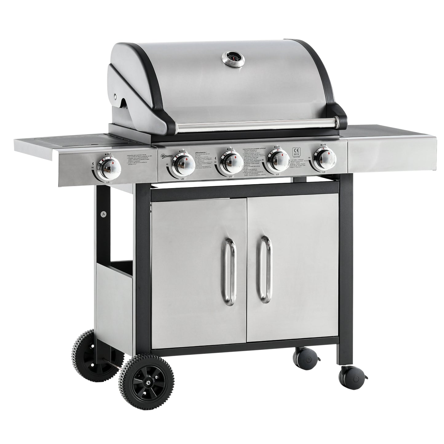 Outsunny Barbacoa De Gas Con 4+1 Quemadores 15,2 Kw Termómetro 2 Mesas Y Armario_0