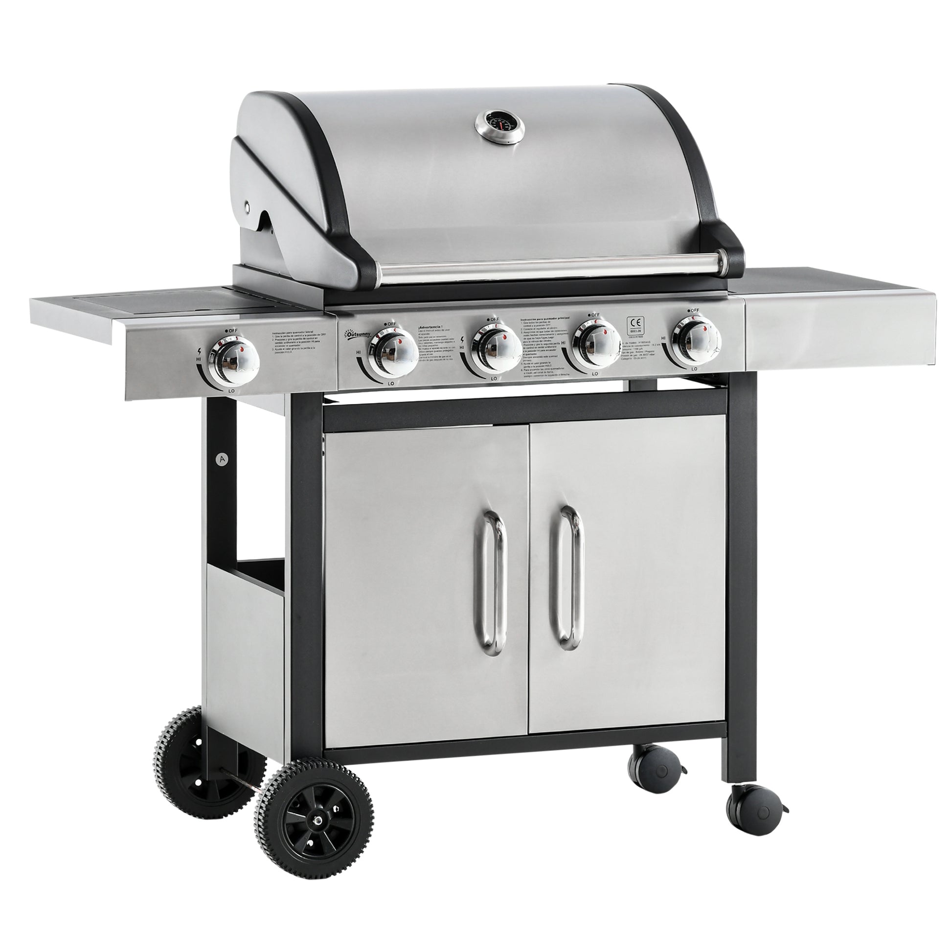 Outsunny Barbacoa De Gas Con 4+1 Quemadores 15,2 Kw Termómetro 2 Mesas Y Armario_0