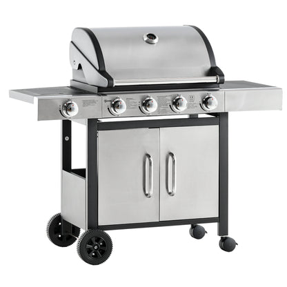 Outsunny Barbacoa De Gas Con 4+1 Quemadores 15,2 Kw Termómetro 2 Mesas Y Armario_0