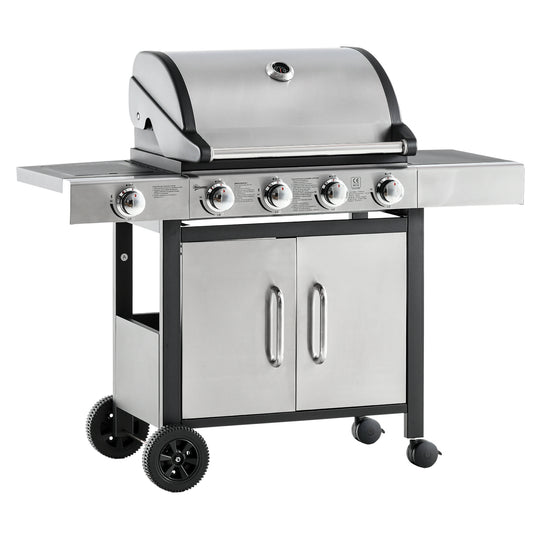 Outsunny Barbacoa De Gas Con 4+1 Quemadores 15,2 Kw Termómetro 2 Mesas Y Armario_0