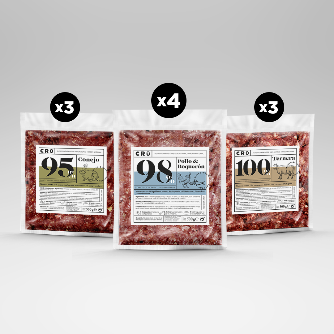 Menú Barf Mixto Clásico - Pollo Y Boquerón, Ternera Y Conejo Para Gato - 10 Paquetes_0