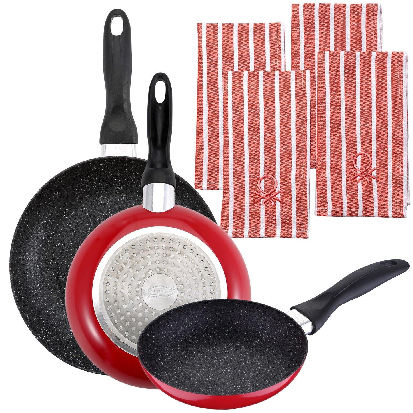 Pack De 3 Sartenes San Ignacio Ø16cm Ø20cm Ø24cm + Set De 4 Paños De Cocina Color Rojo_0