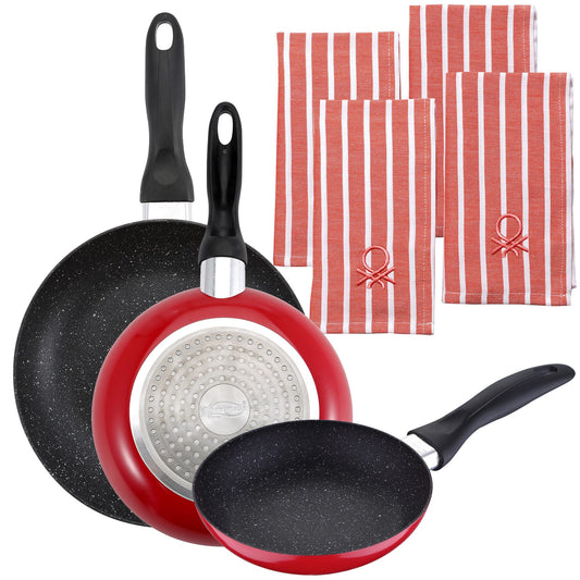 Pack De 3 Sartenes San Ignacio Ø16cm Ø20cm Ø24cm + Set De 4 Paños De Cocina Color Rojo_0