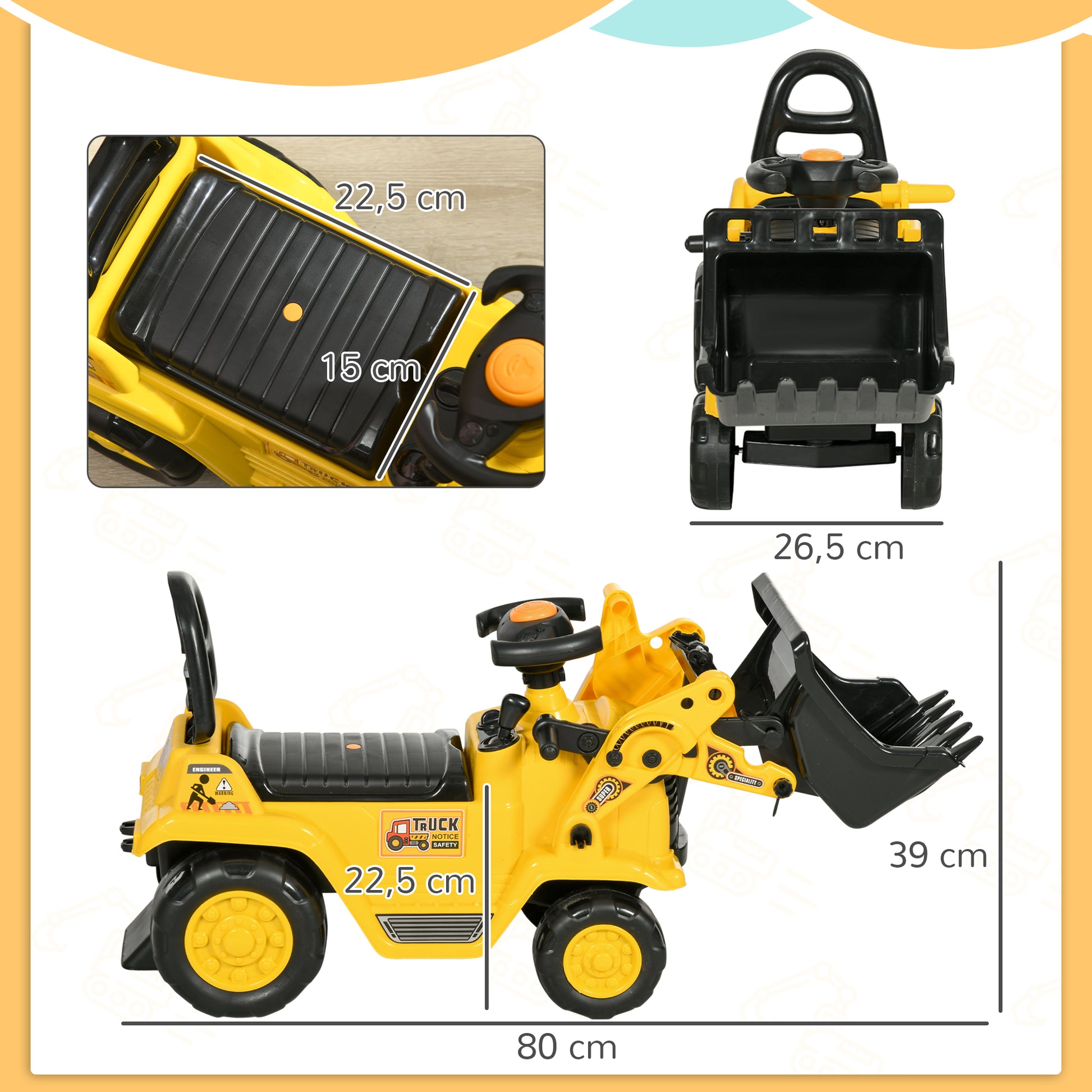 Homcom Tractor Sin Pedales Para Niños De 18 A 48 Meses Con Pala Bocina Amarillo_2