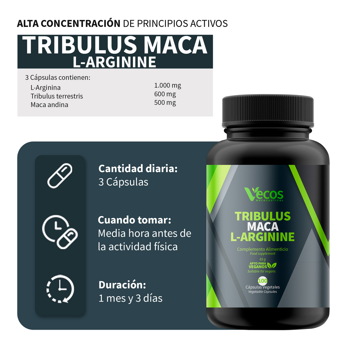 Tribulus + Maca + L-arginina Vecos 100 Cápsulas | Rendimiento, Energía Y Libido Masculina_2