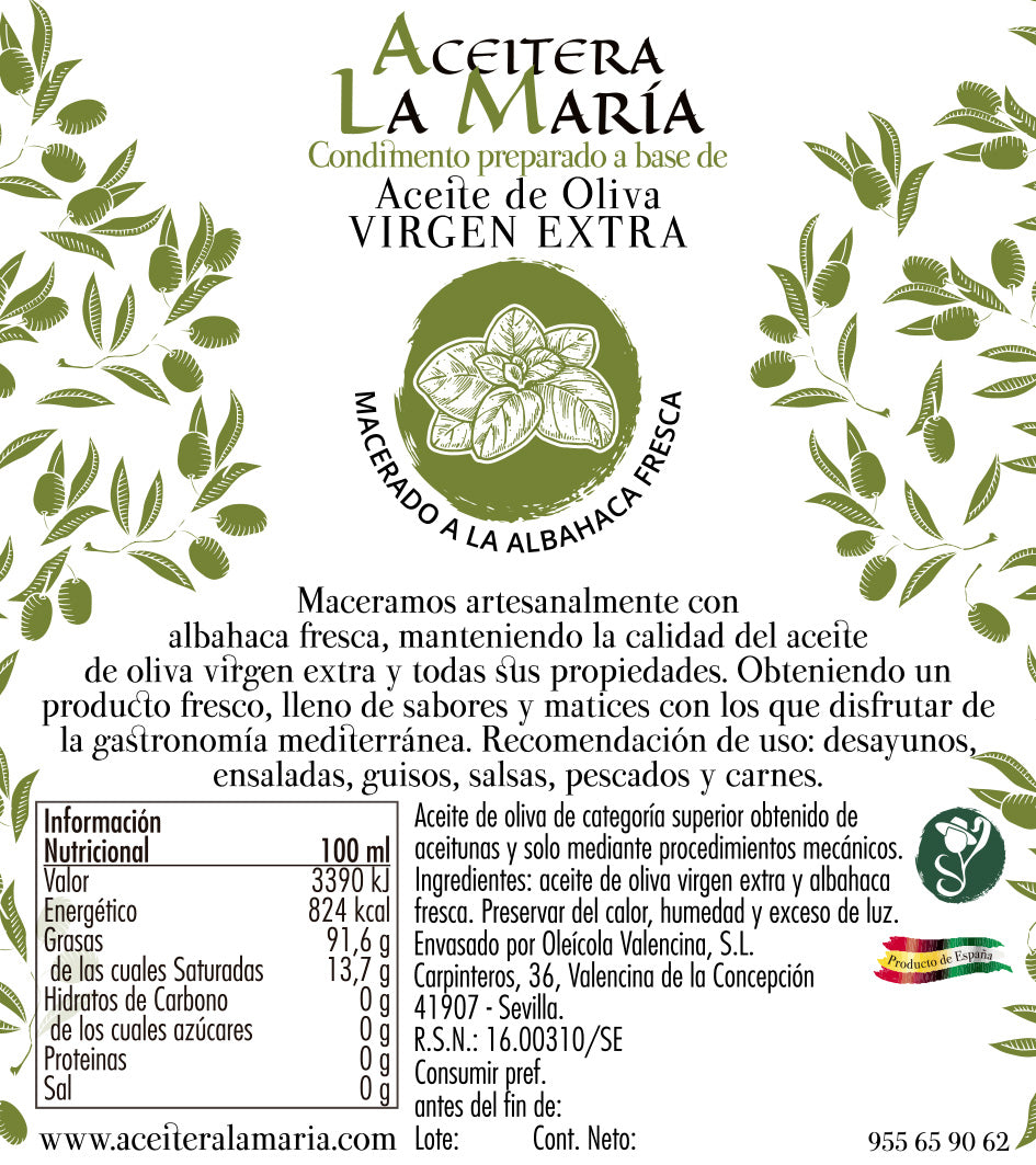 Aceite De Oliva Virgen Extra Macerado A La Albahaca 50 Cl Con Vertedor Metálico