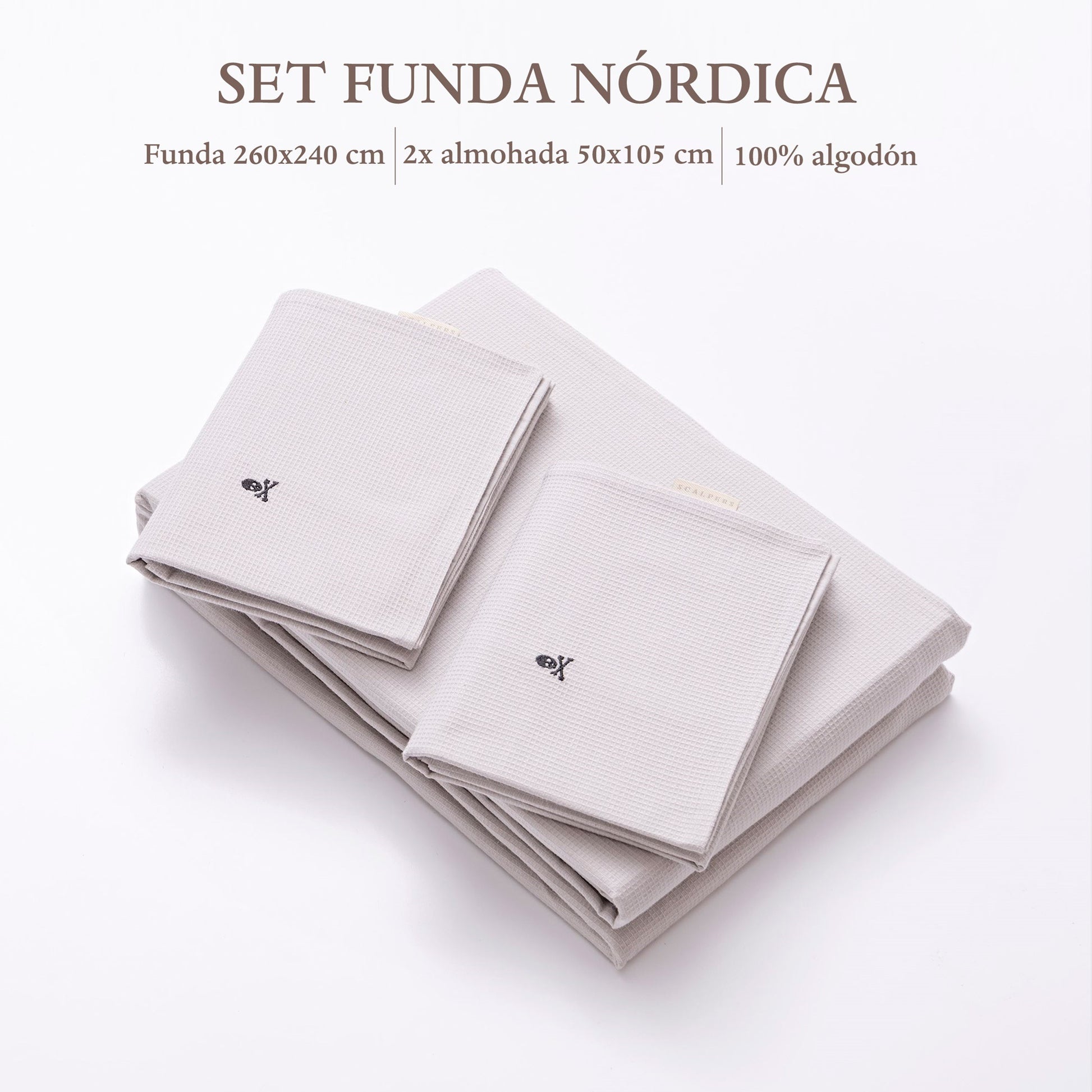 Set Cama Waffle (funda Nordica 260x240cm + 2 Fundas Almohada  50x105cm) 100% Algodón 144gsm Gris Cierre De Botone Shaze Scalpers Home