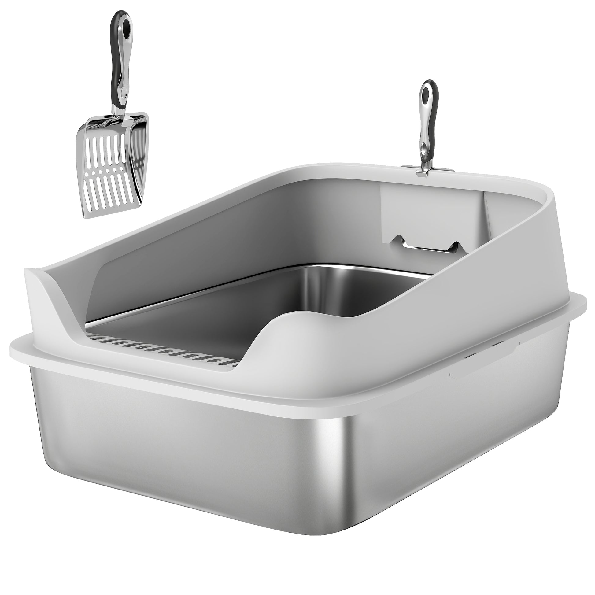 Pawhut Arenero Para Gatos De Acero Inoxidable Xxl Con Borde Alto 70x50x30cm Gris_0